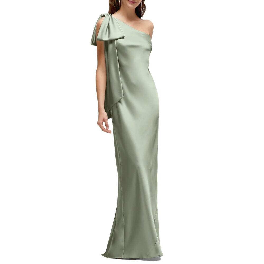 NWT After Six One Shoulder Bias Cut Satin Maxi Dress Sage Green Large - Picture 3 of 10
